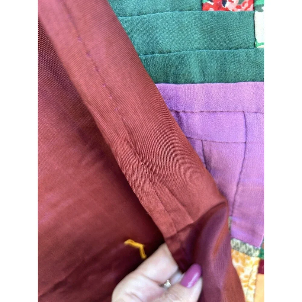 Antique Log Cabin In Rows Quilt Hand Pieced Hand Tied 1930s 40s Silk Rayon
